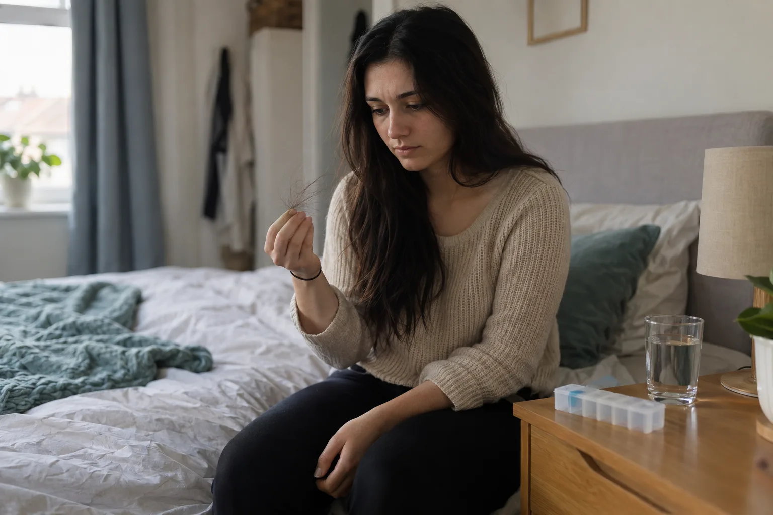Young woman examining shed hair strands at home while taking isotretinoin (Accutane) for acne