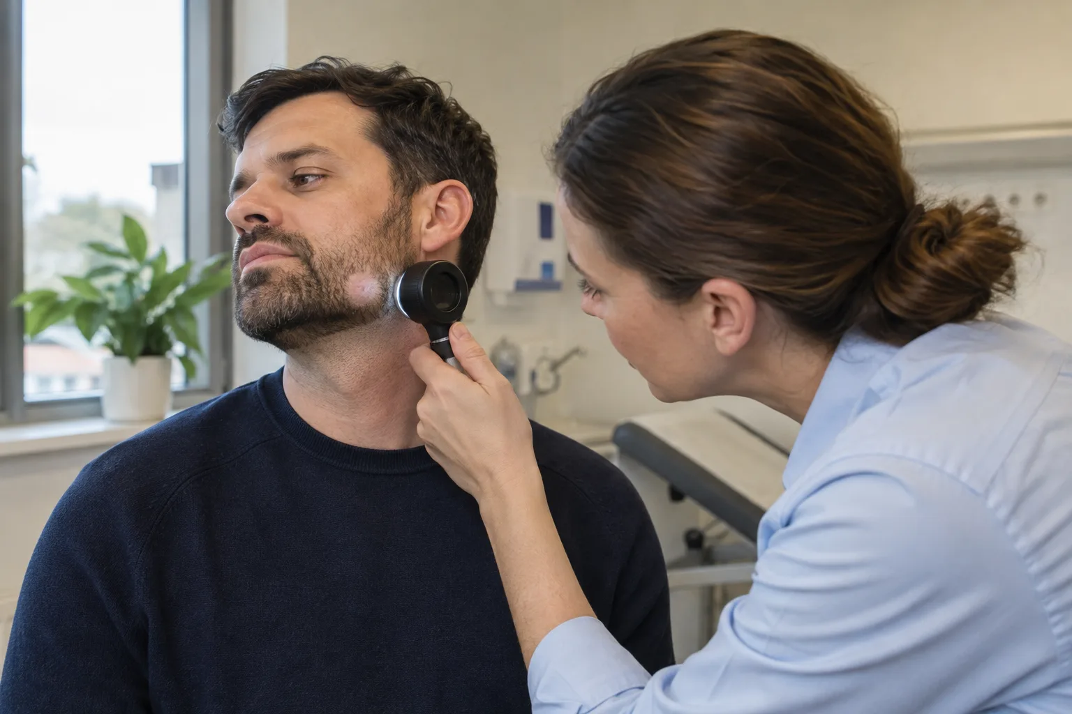 Dermatologist examining an alopecia barbae patch along a man's jaw in a UK consulting room