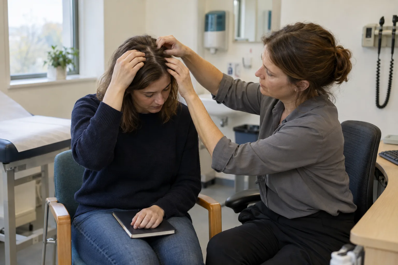 Woman showing her hair parting to a GP during a consultation about birth control and hair loss