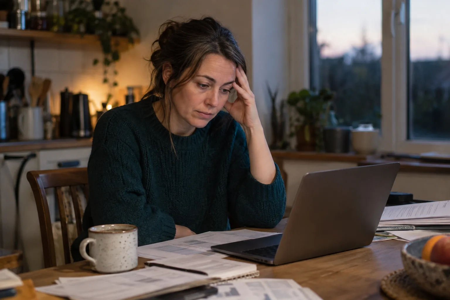 Stressed woman with early grey hair working late at her kitchen table