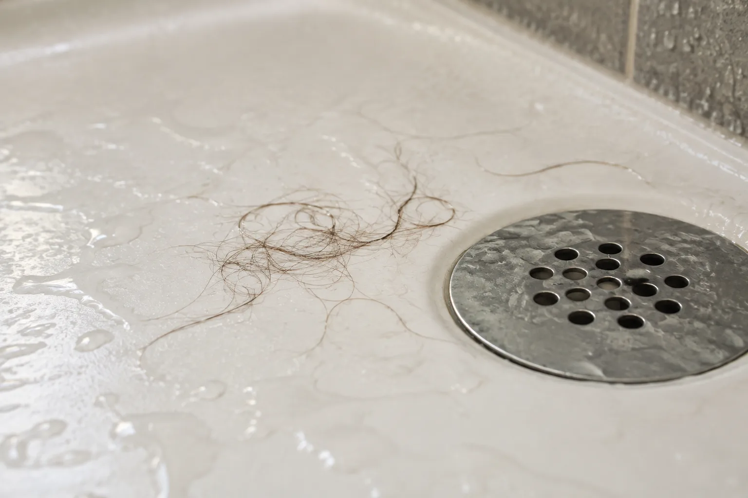 Loose brown hair strands lie on a wet, off-white shower tray beside a round perforated metal drain cover.