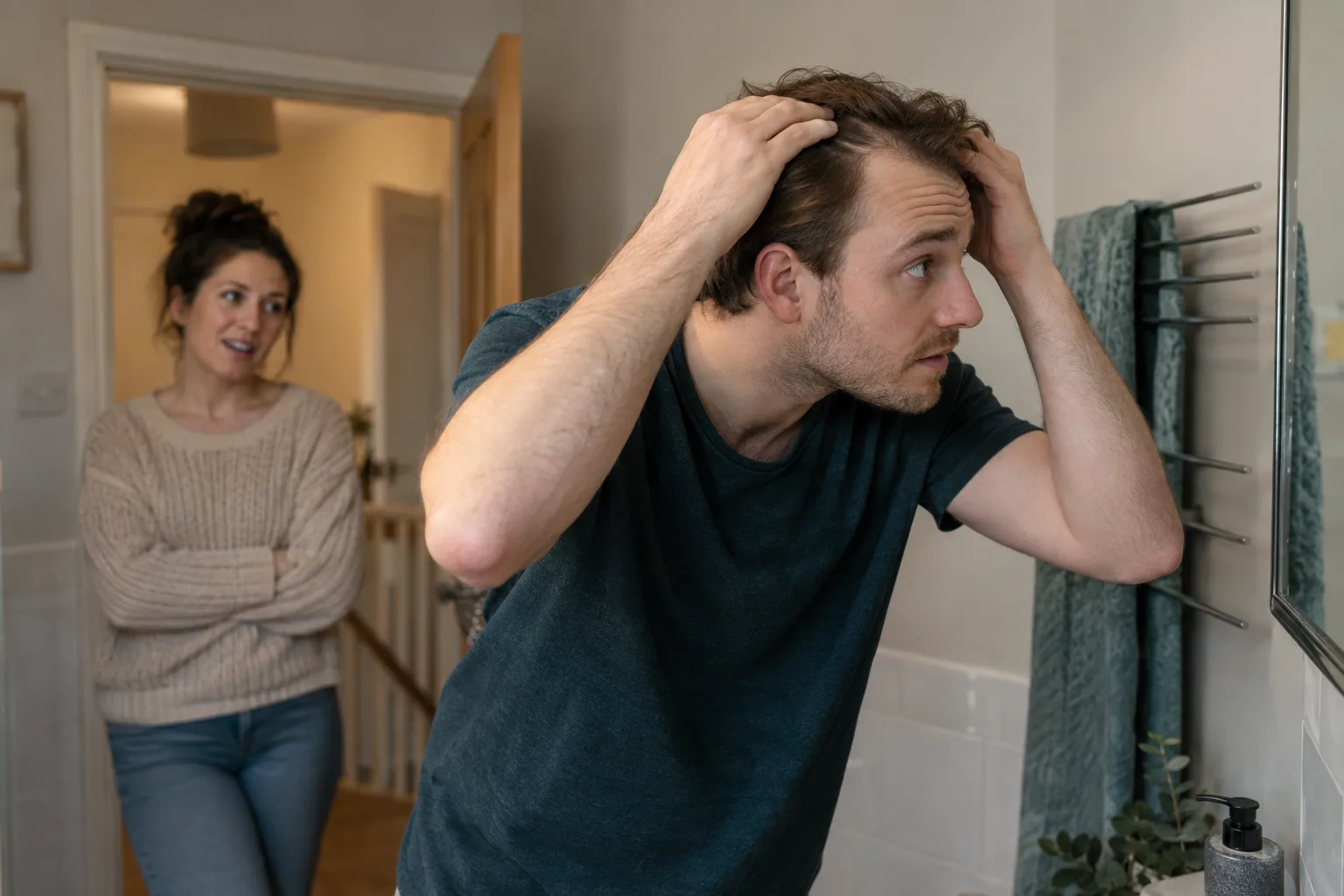 Young man checking his receding hairline for early male pattern baldness in a bathroom mirror