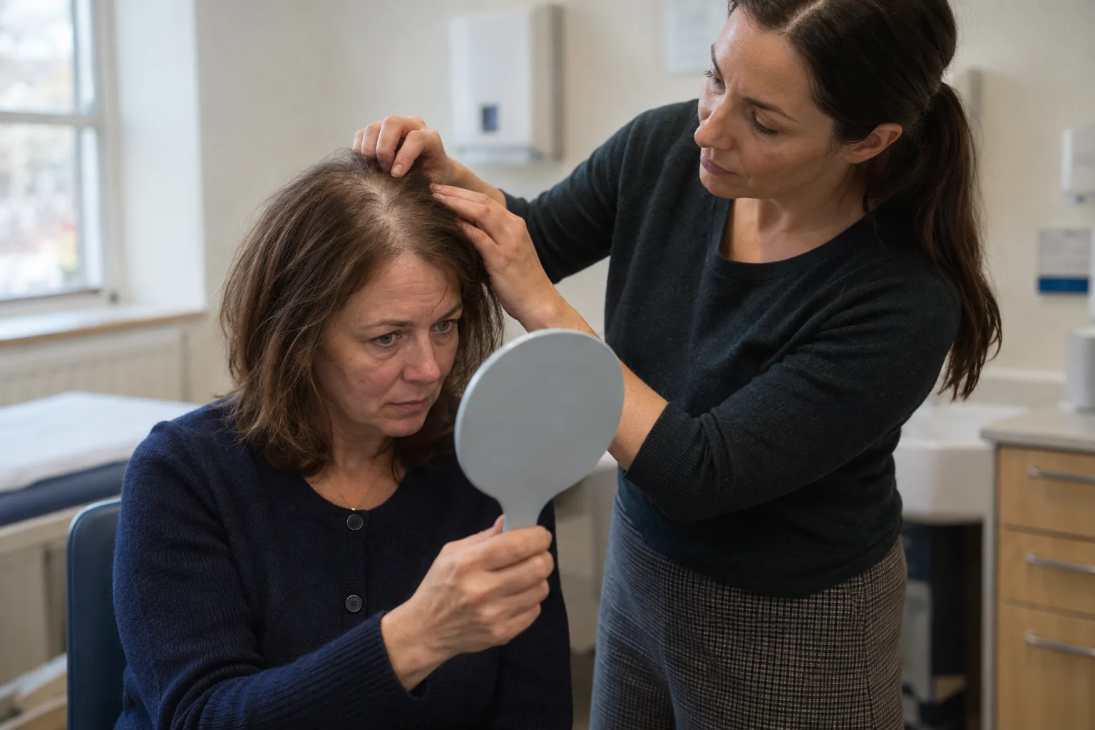 Woman with female pattern baldness holding a mirror while a clinician examines her parting in a UK clinic