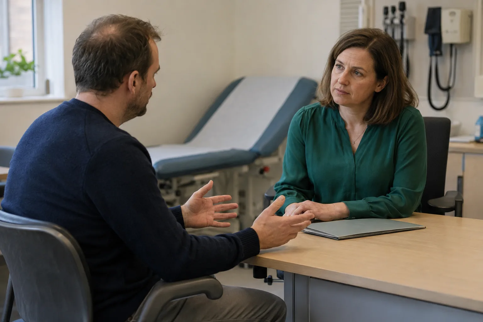 Man with thinning hair discussing finasteride and depression with a GP in a UK consultation room