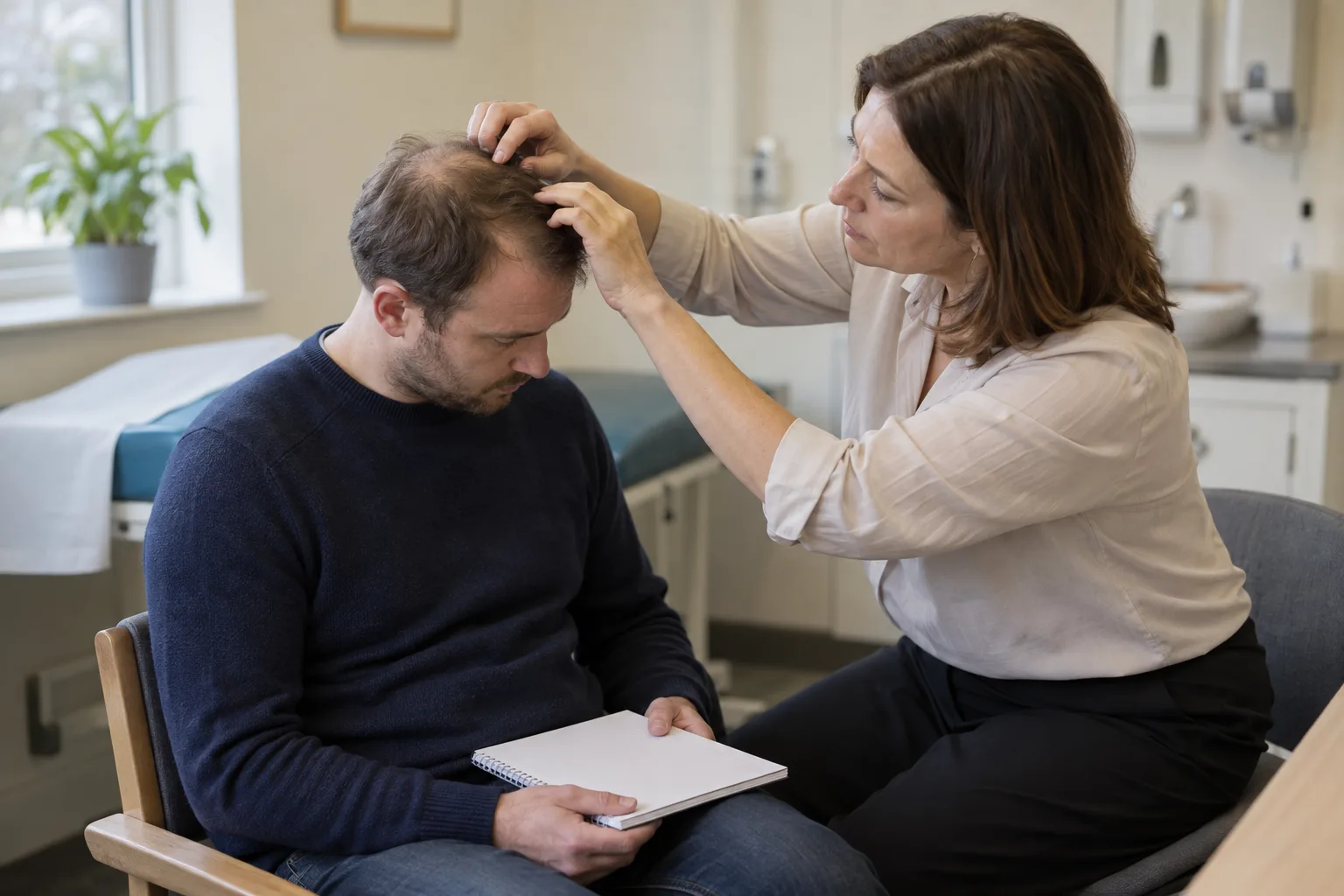Man discussing finasteride for hair loss with a doctor examining his thinning crown in a UK clinic.