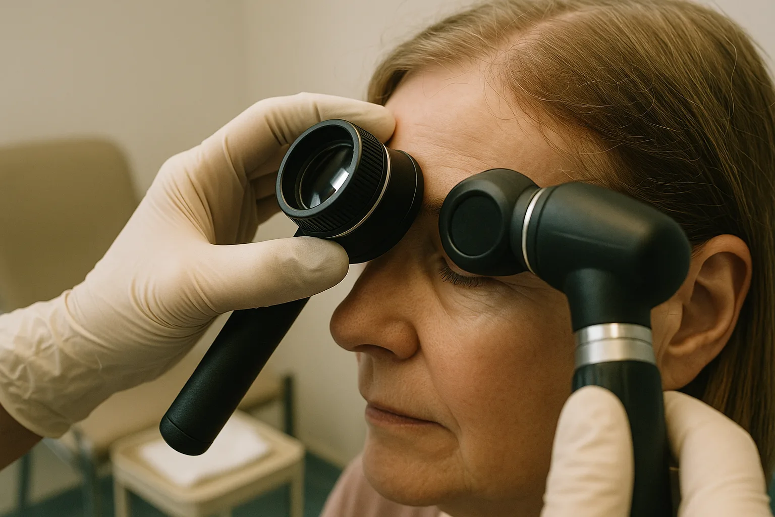 Tight side‑profile close‑up of an adult woman’s face during an examination. A clinician wearing light disposable gloves holds two black handheld dermoscopy tools to the woman’s forehead and eyebrow area. The woman has fair skin, fine straight light‑brown hair tucked behind her ear, and a neutral expression. Background shows a simple, unfussy clinical room with a pale wall and a small chair out of focus. No text, logos or branded elements are visible.