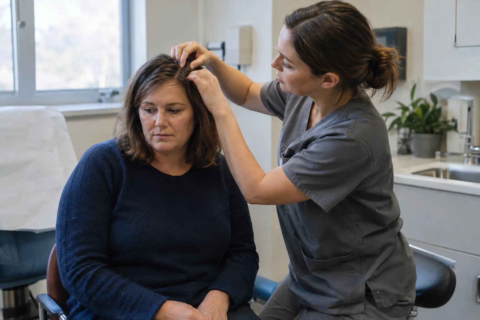 Clinician examining a woman's scalp at a UK appointment about GLP-1 hair loss during weight-loss treatment