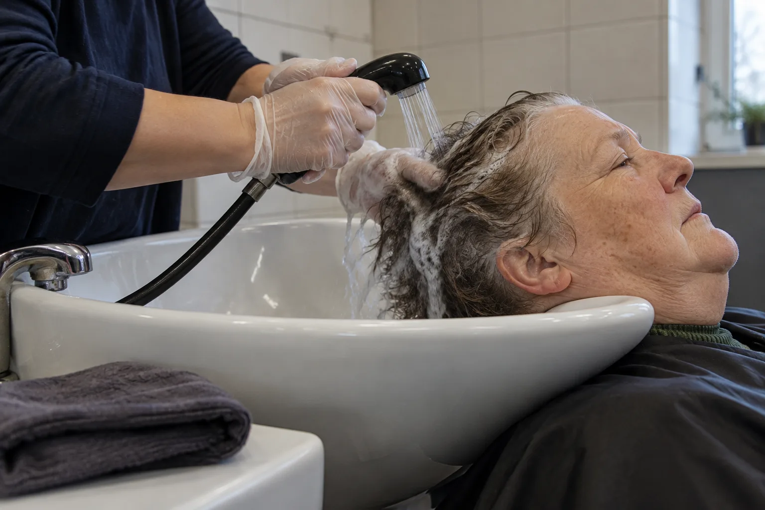 An older woman reclines with her neck resting in a white salon washbasin while transparent-gloved hands rinse her wet, lathered grey-brown hair with a black handheld sprayer.