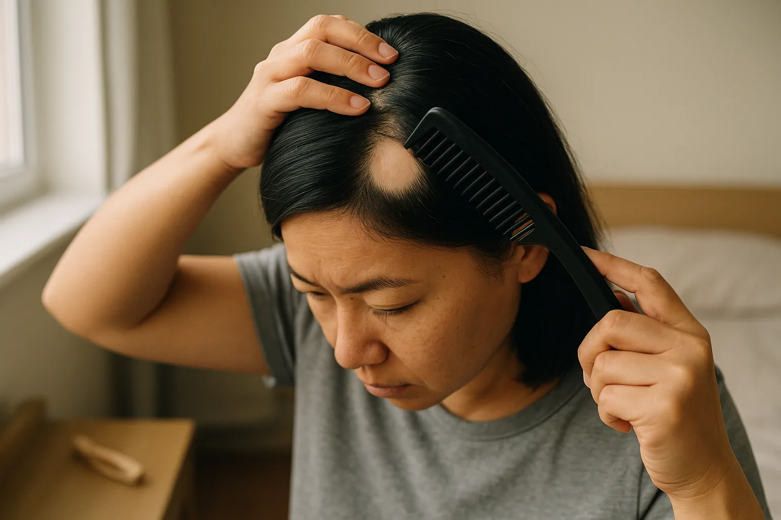 A woman parts her straight black hair to reveal a small, round bald patch on the top‑side of her scalp while holding a wide black comb. She wears a plain grey short‑sleeve T‑shirt. The camera captures a tight three‑quarter view from slightly above, focused on the patch and her concentrating expression. Background shows a softly blurred bedroom corner with a bed and bedside surface near a window.