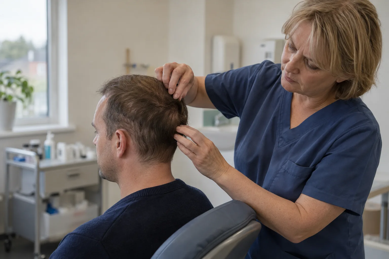 Clinician checking the back of a man's scalp during a hair transplant recovery appointment in a UK clinic