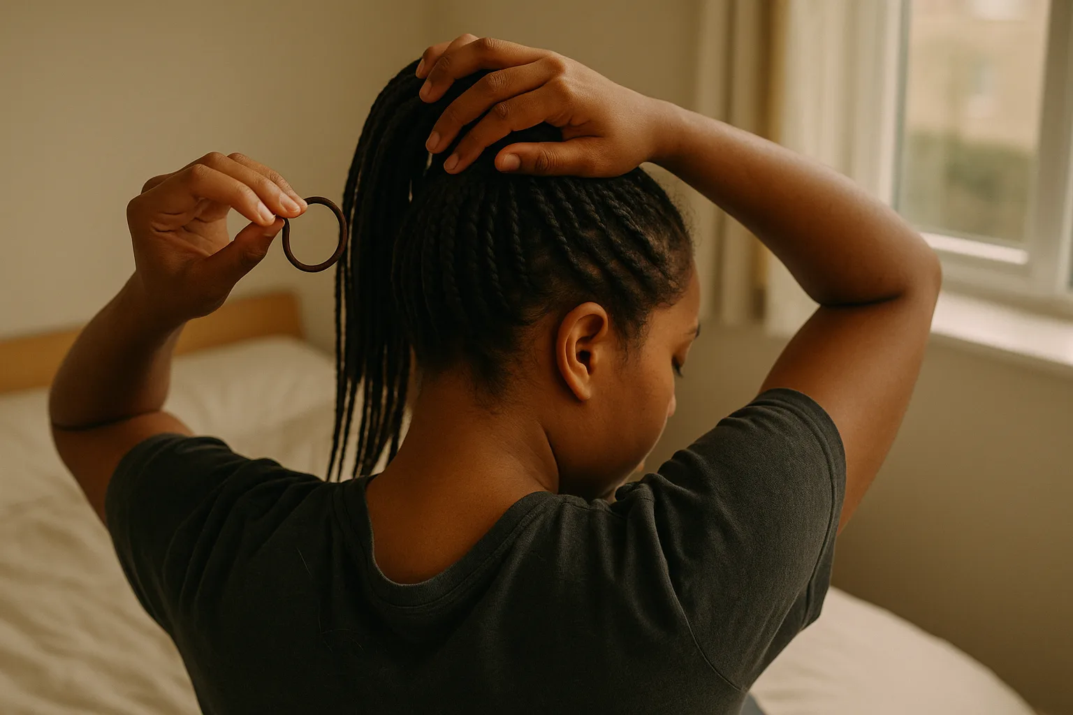 Rear three‑quarter view of an adult woman gathering her braided hair into a ponytail with both hands. She holds a plain dark hair tie in her left hand. She wears a dark short‑sleeve T‑shirt. The scene is a simple bedroom with an unmade bed, pale walls, and a curtained window letting in daylight. Warm, soft natural light from the window illuminates her arms and the back of her head; background is gently blurred.