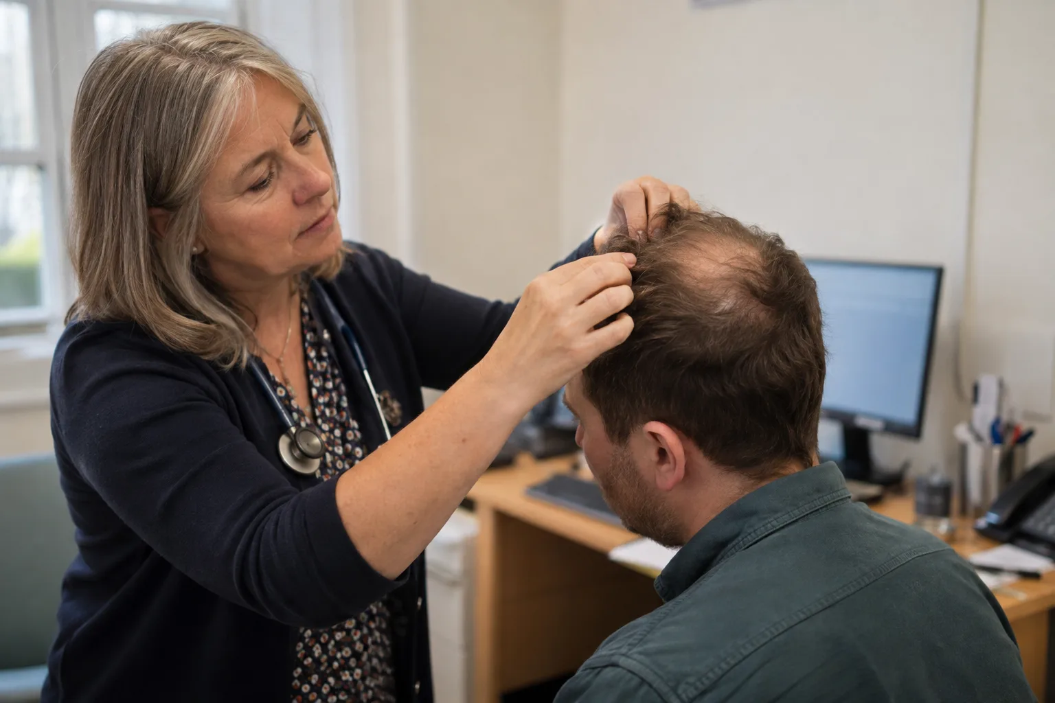 GP examining a man's thinning crown for signs of male pattern baldness in a UK surgery