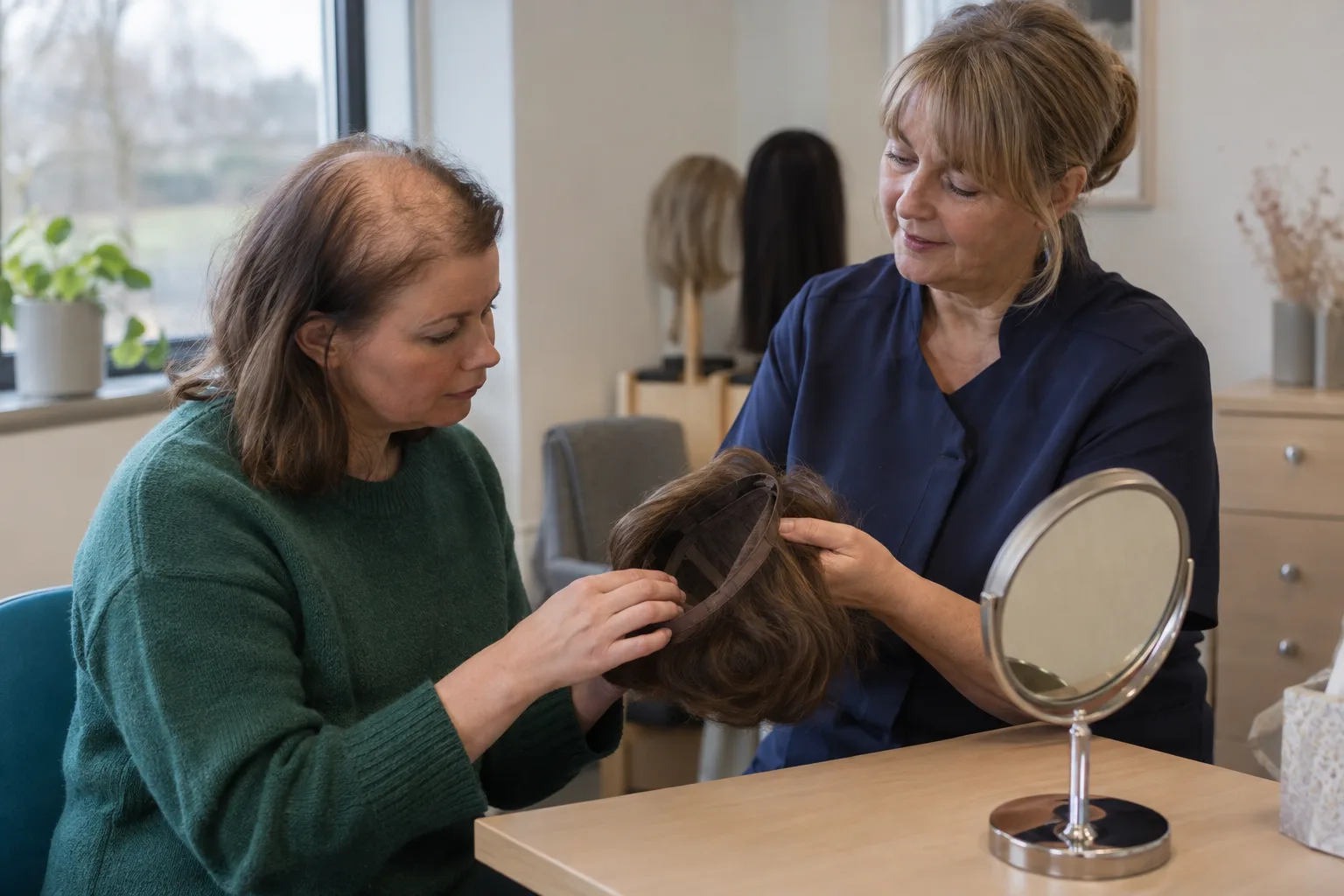 Woman discussing NHS wigs with a fitter while feeling the inside of a brown wig in a hospital fitting room