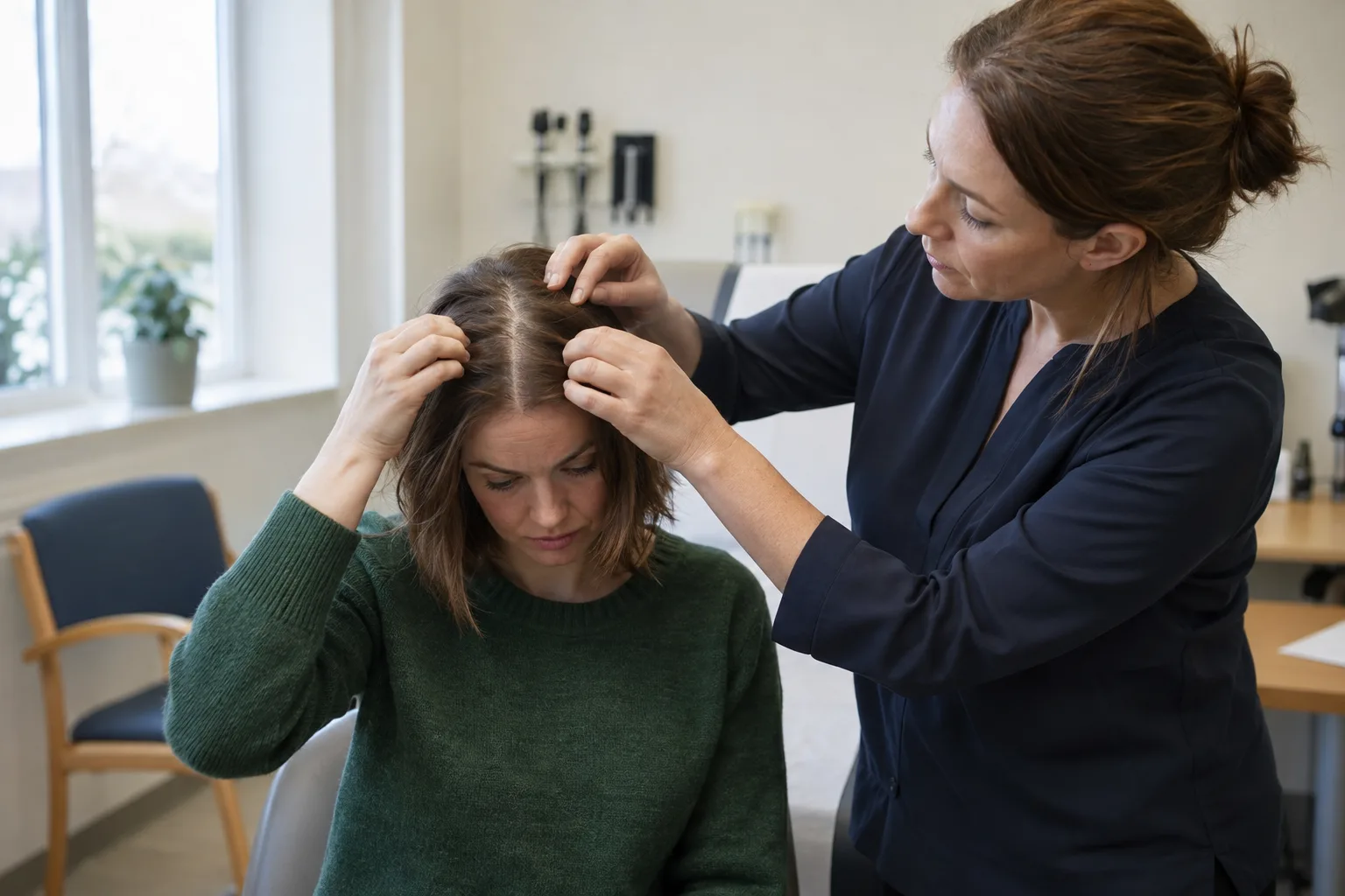 Woman discussing PCOS hair loss with a clinician who is examining her widened parting in a UK GP surgery