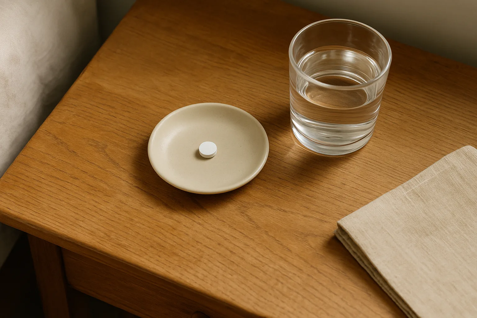 Oblique overhead still life of a light‑oak bedside table holding a small beige ceramic dish with a single round white tablet, a clear tumbler of water, and a folded beige cloth. The bed’s upholstered edge is faintly visible at the left. Warm, neutral tones throughout.