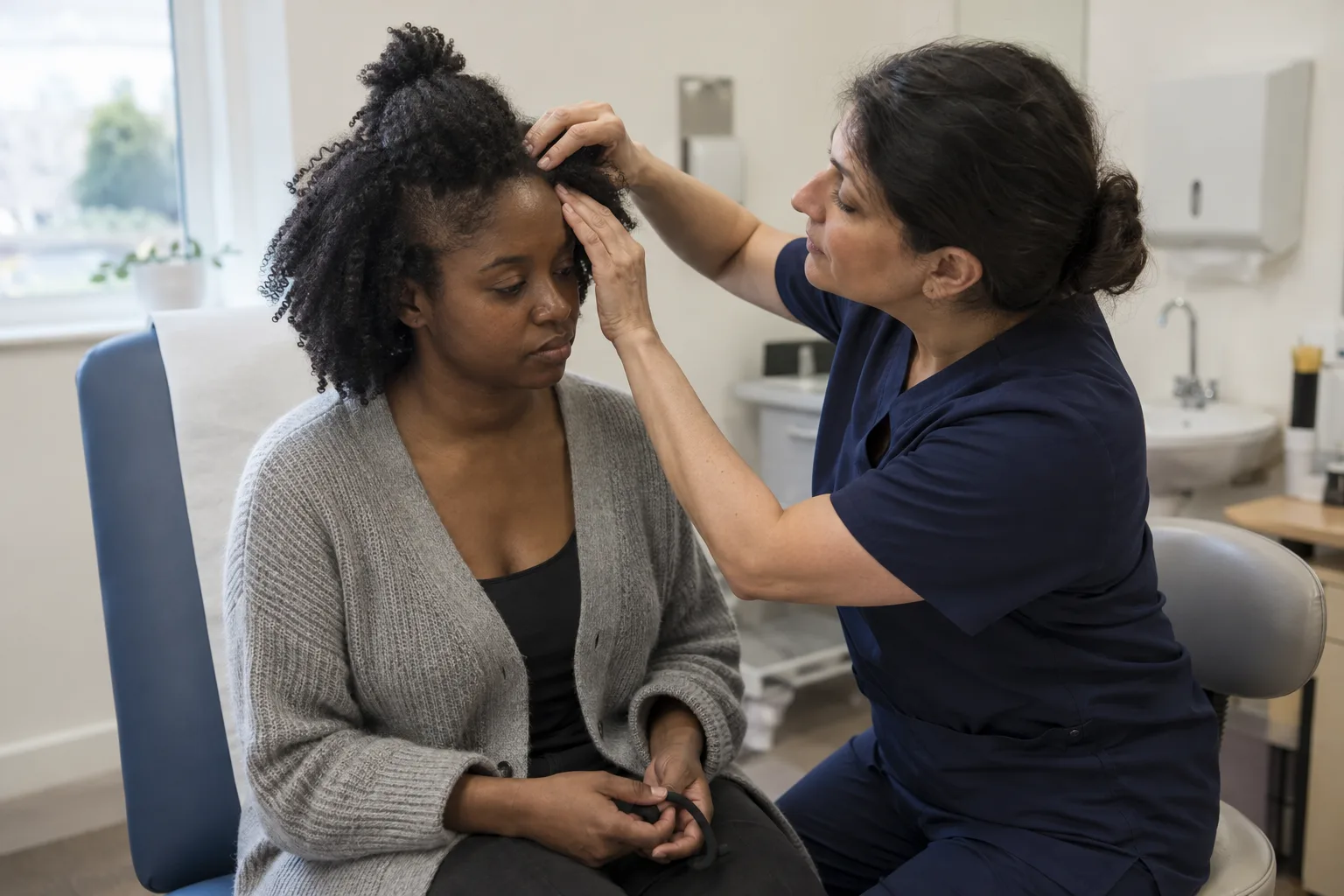 Dermatologist examining a woman's temple for traction alopecia while she holds a hair tie in her lap