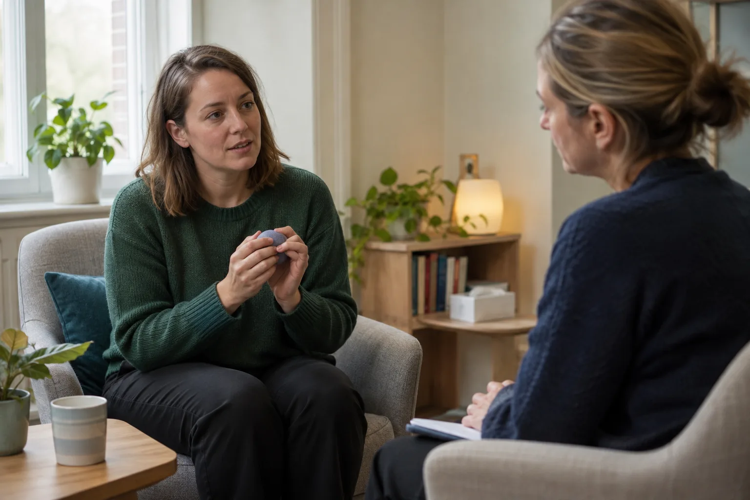 Woman holding a fabric ball while discussing trichotillomania with a therapist in a UK consulting room